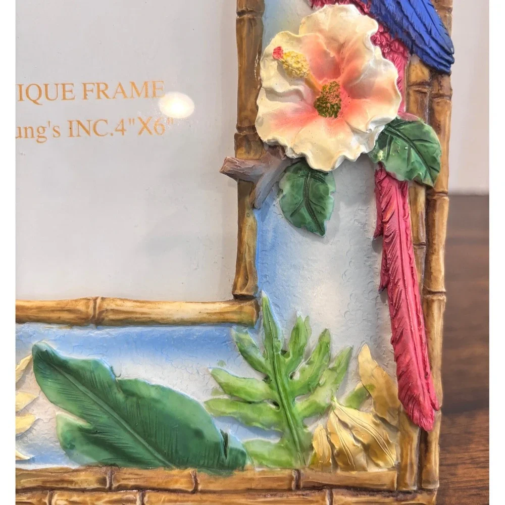 Tropical Parrot Photo Frame 4x6 Macaw Hibiscus Faux Bamboo Coastal Island Décor